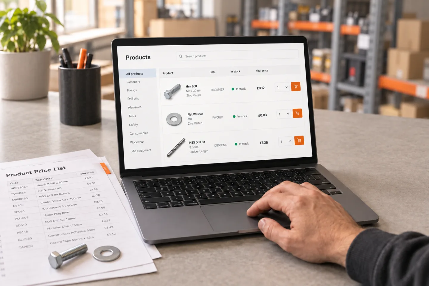 Illustration of a trade buyer browsing a searchable product catalogue beside a printed price list