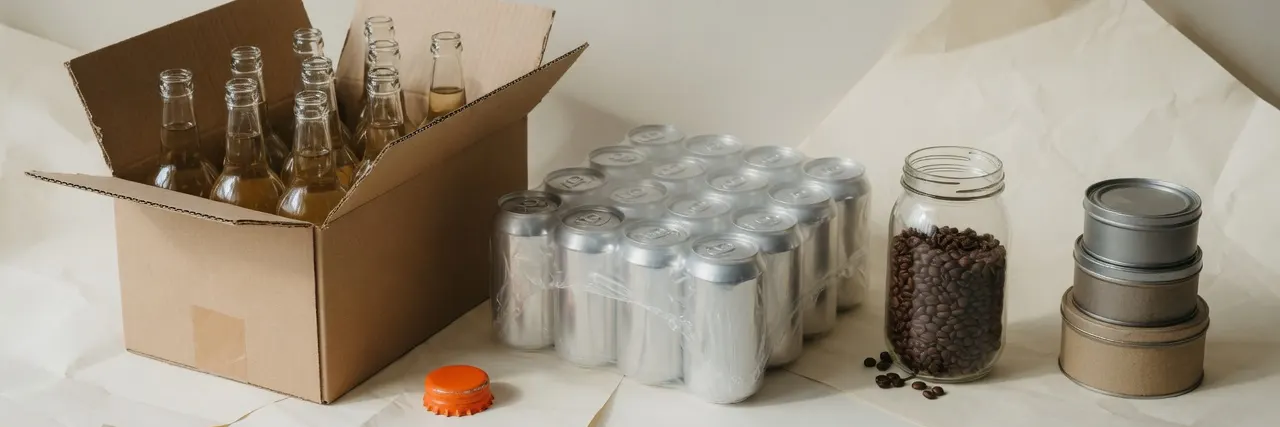 An open case of glass bottles, a shrink-wrapped tray of cans, a jar of coffee beans and stacked tins, with an orange bottle cap, on warm paper