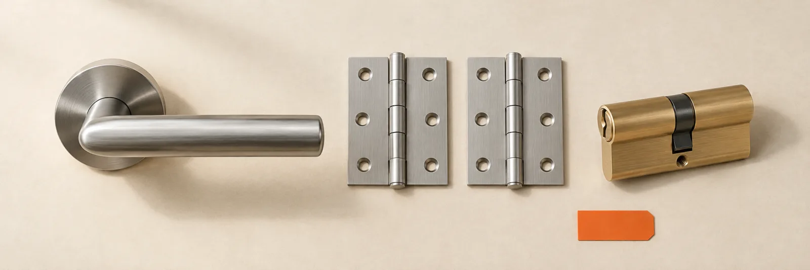 Handles, hinges and a lock cylinder illustrating a trade catalogue range
